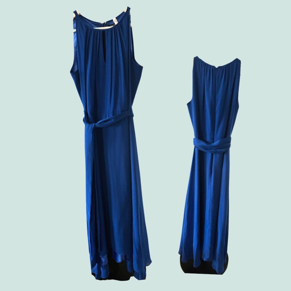 Tahari belted dress sleeveless high low dress - blue